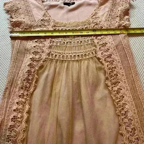 RYU Women's Boho Flowy Mini dress Tan crochet top with lace detailing fairycore - Picture 7 of 13